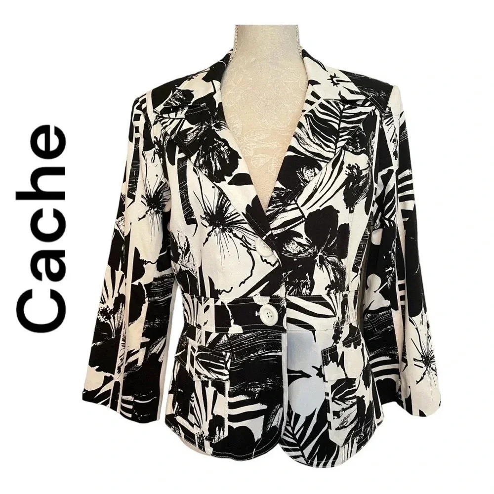 Cache Black & White Abstract Print Blazer Size 10 - image 1